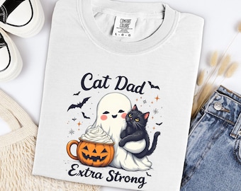 Cat Dad Shirt Funny Spooky Halloween Tee Oversized Cotton Vintage Wash Graphic Top