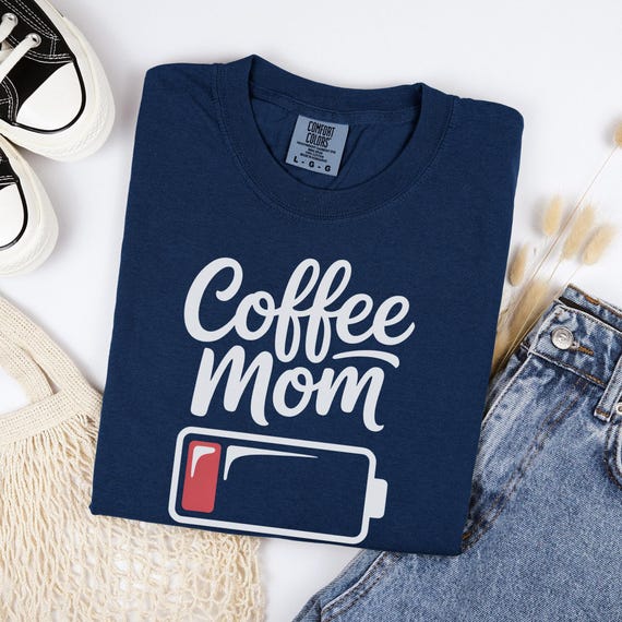Coffee Mom Shirt, Funny Low Battery Graphic Tee, Oversized Cotton Top, Caffeine Lover