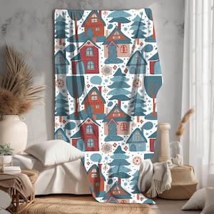 Nordic House Pattern Velveteen Plush Blanket, Cozy Scandinavian Blanket, Soft Plush Nordic Throw, Nordic-Inspired Home Decor Blanket