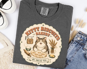 Kitty Biscuits Bakery Shirt Retro Cat Lover Tee Oversized Cotton Vintage Graphic Top