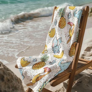Tropical Animal Design Towel, Cute Pool Towel, Fun Beach Accessory, Animal Lover Gift, Tropical Vacation Towel, Cute & Colorful Beach Towel