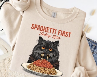 Spaghetti First Cat Sweatshirt Funny Pet Lover Oversized Cotton Vintage Wash Graphic Pullover