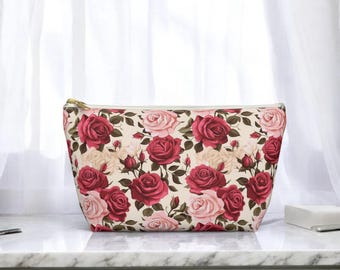 Floral Rose Accessory Pouch, Cosmetic Travel Zipper Bag