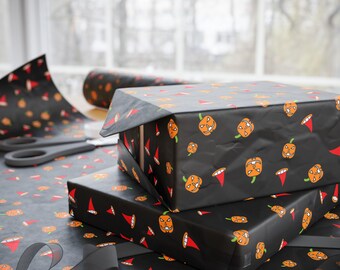 Black Halloween Wrapping Paper, Pumpkin Gift Wrap, Jack O Lantern, Retro Spooky Basket