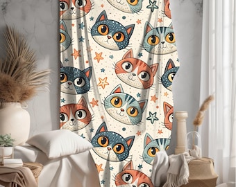 Cat Lover Doodle Pattern Velveteen Plush Blanket | Kitty Print Bed Decor