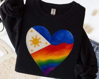 Philippine Pride Heart Sweatshirt Rainbow Flag Crewneck Oversized Cotton Vintage Wash Graphic Pullover
