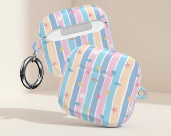 Pastel Stripe Airpod Case, Summer Beach Earbud Cover, Sea Shell Accessory, PC Shell