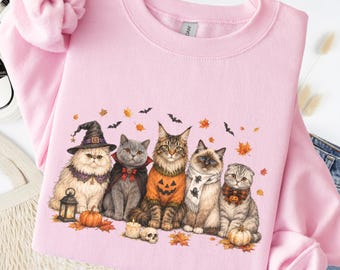 Halloween Cats Sweatshirt Spooky Pet Lover Oversized Cotton Vintage Wash Graphic Pullover Top