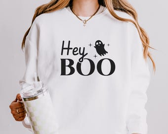 Sudadera unisex ligera con cuello redondo Hey Boo, suéter de Halloween espeluznante y acogedor, atuendo divertido para otoño, sudadera para amantes de los fantasmas, capas de otoño