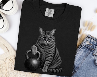 Tabby Cat Kettlebell Shirt Funny Gym Rat Tee Oversized Cotton Fitness Graphic Top