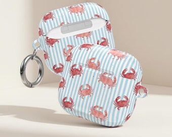 Crab Airpod Case, Seersucker Stripe Earbud Cover, Preppy Coastal Tech, PC Shell
