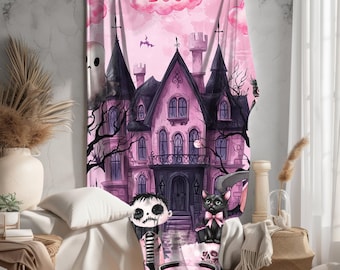 Pink Halloween Throw Blanket, Spooky Ghost Design, Velveteen Plush