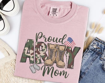 Proud Army Mom Shirt, Military Family Tee, Camo Boot Graphic Top, Oversized Cotton