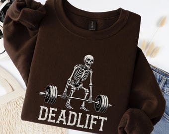 Deadlift Skeleton Gym Sweatshirt Retro Fitness Oversized Cotton Vintage Wash Graphic Workout Pullover