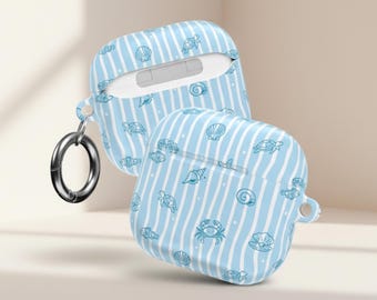 Blue Striped Airpod Case, Coastal Earbud Cover, Sea Turtle Accessory, Nautical PC Shell