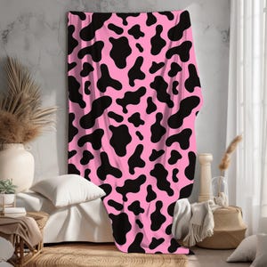 Pink Cow Animal Print Velveteen Plush Blanket, Ultra-Cozy Black & Pink Throw, Perfect Gift for Cow Print Lovers and Home Decor Enthusiasts