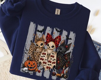 Kawaii Halloween Bats Sweatshirt Spooky Cute Oversized Cotton Vintage Wash Graphic