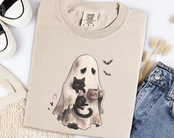 Nope Kawaii Ghost Cat Shirt Funny Introvert Tee Oversized Cotton Spooky Graphic Top