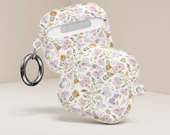 Folk Floral Airpod Case, Whimsical Botanical Earbud Cover, Vintage Cottagecore Tech, PC Shell