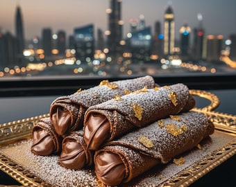 Receta de crepes de chocolate inspiradas en Dubái / Descarga digital de un postre lujoso y decadente / PDF de postre gourmet fácil