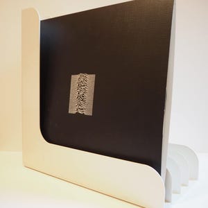 Op de afbeelding: Een witte vinylplatenhouder met een zwart album met een witte afbeelding. De houder heeft een gebogen ontwerp en steunvinnen. De albumhoes toont een opvallend, abstract ontwerp.