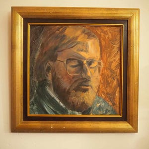 Arte contemporáneo, obra de arte vintage enmarcada, retrato de un hombre, de 1991.