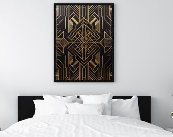 Obra de arte Art Deco de la era del jazz para la decoración del Gran Gatsby Póster en negro y dorado Impresión geométrica audaz con formas geométricas para una decoración elegante del hogar