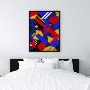 Geometric Abstract Design Geometric Shape Artwork in Vibrant Bold Primary Colors Blue Red Yellow Contemporary Art for Modernist Home Decor