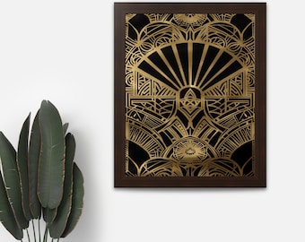 Obra de arte Art Deco de la era del jazz para la decoración del Gran Gatsby Póster en negro y dorado Impresión geométrica audaz con formas geométricas para una decoración elegante del hogar