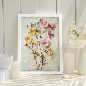 Cadeau imprimé fleurs pressées pour amoureux de la nature, décoration murale florale vintage, impression botanique pour cadeau de pendaison de crémaillère, oeuvre encadrée inspirée de la nature