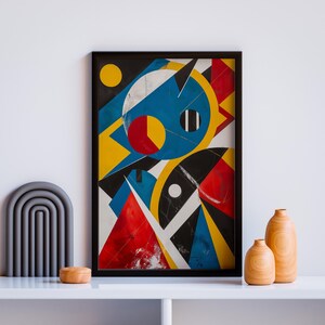 Geometric Abstract Design Geometric Shape Artwork in Vibrant Bold Primary Colors Blue Red Yellow Contemporary Art for Modernist Home Decor