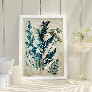 Arte de algas para decoración acuática del hogar Arte de pared inspirado en el océano para decoración oceánica vintage Obra de arte azul y verde Arte de vida marina Regalo para amantes del océano
