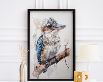 ワライカワセミのプリント：日本の水彩画の鳥のアート、自然の壁飾り