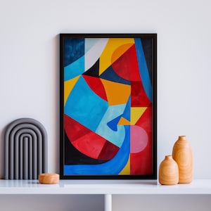 Geometric Abstract Design Geometric Shape Artwork in Vibrant Bold Primary Colors Blue Red Yellow Contemporary Art for Modernist Home Decor