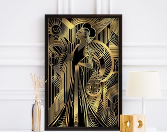 Obra de arte Art Deco de la era del jazz para la decoración del Gran Gatsby Póster en negro y dorado Impresión geométrica audaz con formas geométricas para una decoración elegante del hogar