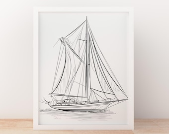 Segelboot Zeichnung Boot Illustration Einfache Linie Kunst-schlankes Modernes Kunstwerk Elegantes Minimalistisches Nautisches Design Zeitgenössische Wandkunst für Zuhause