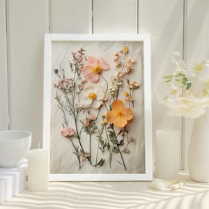 Cadeau imprimé fleurs pressées pour amoureux de la nature, décoration murale florale vintage, impression botanique pour cadeau de pendaison de crémaillère, oeuvre encadrée inspirée de la nature
