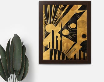 Obra de arte Art Deco de la era del jazz para la decoración del Gran Gatsby Póster en negro y dorado Impresión geométrica audaz con formas geométricas para una decoración elegante del hogar