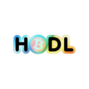 May include: A colourful graphic with the word "HODL" in black letters with a rainbow gradient background. The letter "O" is replaced with a bitcoin symbol.