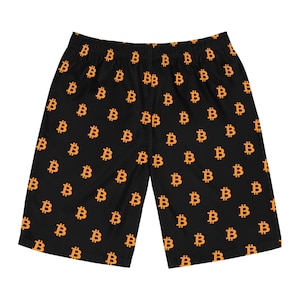May include: Black shorts with an all-over pattern of orange Bitcoin symbols. The shorts have a drawstring waistband and a relaxed fit, suitable for casual wear or lounging. The Bitcoin symbols are evenly spaced across the fabric.
