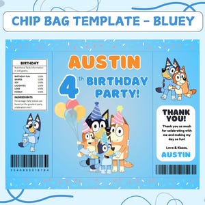 Modello per sacchetto di patatine - Modificabile - Tema Bluey - Fai da te