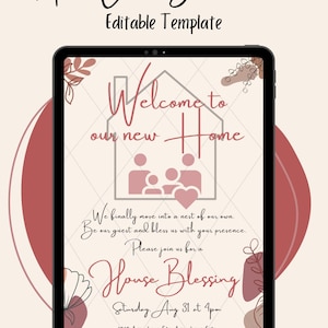 May include: A digital invitation for a house blessing party. The invitation features a stylized house with a family inside and the text "Welcome to our new home". The invitation also includes the date and time of the party, as well as the address. The background of the invitation is a light pink with a pattern of white squares.