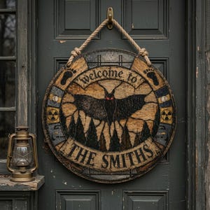 Puede incluir: Un letrero circular de madera para colgar con una cuerda, que presenta una ilustración central de una criatura alada con ojos rojos sobre un bosque. El texto dice Welcome to The Smiths. El borde incluye huellas, siluetas de puentes y símbolos radiactivos.