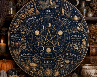 May include: Round wooden wall art with a dark blue background and gold-colored illustrations. The design features a pentagram, moon phases, zodiac symbols, and seasonal references like Yule and Samhain. A decorative piece for spiritual or Wiccan decor.