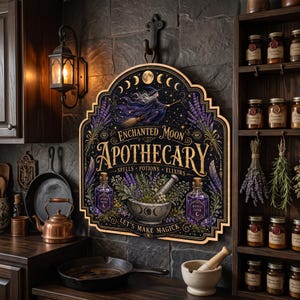 May include: A decorative wooden wall sign featuring the text Enchanted Moon Apothecary, Spells, Potions, Elixirs, and Let's Make Magick. The design includes a witch on a broomstick, purple lavender, two glass bottles, and a mortar and pestle.