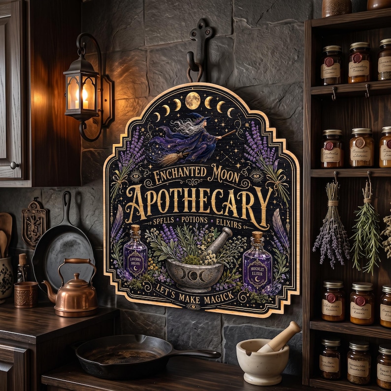 May include: A decorative wooden wall sign featuring the text Enchanted Moon Apothecary, Spells, Potions, Elixirs, and Let's Make Magick. The design includes a witch on a broomstick, purple lavender, two glass bottles, and a mortar and pestle.