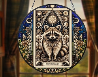 Raccoon Suncatcher Hanging, Raccoon Flower Ornament, Raccoon Fall Decoration, Christmas Gifts for Mom, Cute Raccoon Decor