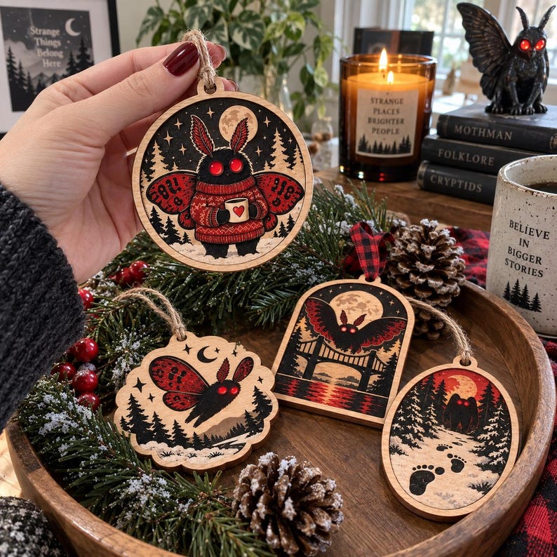 May include: Four wooden ornaments featuring Mothman illustrations. One round ornament shows a Mothman in a red sweater holding a mug with a heart. Another round ornament depicts a flying Mothman. An arched one shows a bridge, and an oval one shows footprints in the snow. All feature red, black, and cream colors.