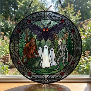 Mothman Stained Glass Suncatcher, Cryptid Window Hanging Decor, Mythical Creature Ornament, Gothic Paranormal Gift, Halloween Decor 画像 5