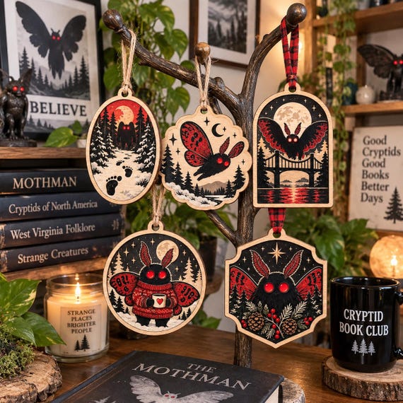 Mothman Christmas Ornament, Cryptid Holiday Decor, Mothman Wood Ornament, Gothic Christmas Gift, Spooky Xmas Decor, Cryptid Lover Gift